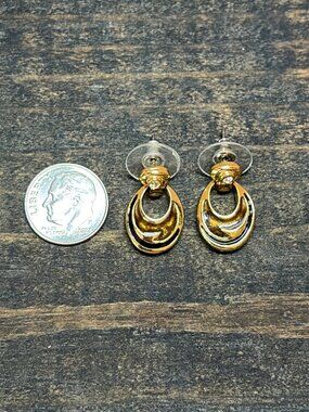Vintage 80s Kerissa Sculptural Gold Enamel Drop Earrings Rhinestone
